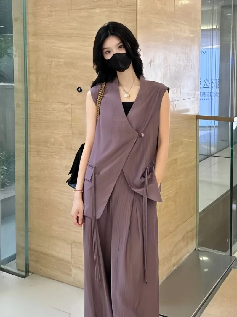 2024 Summer New Style Paired With Women's Style V-neck Sleeveless Suit Top+High Waist Wide Leg Pants for Slimming Two Piece Set