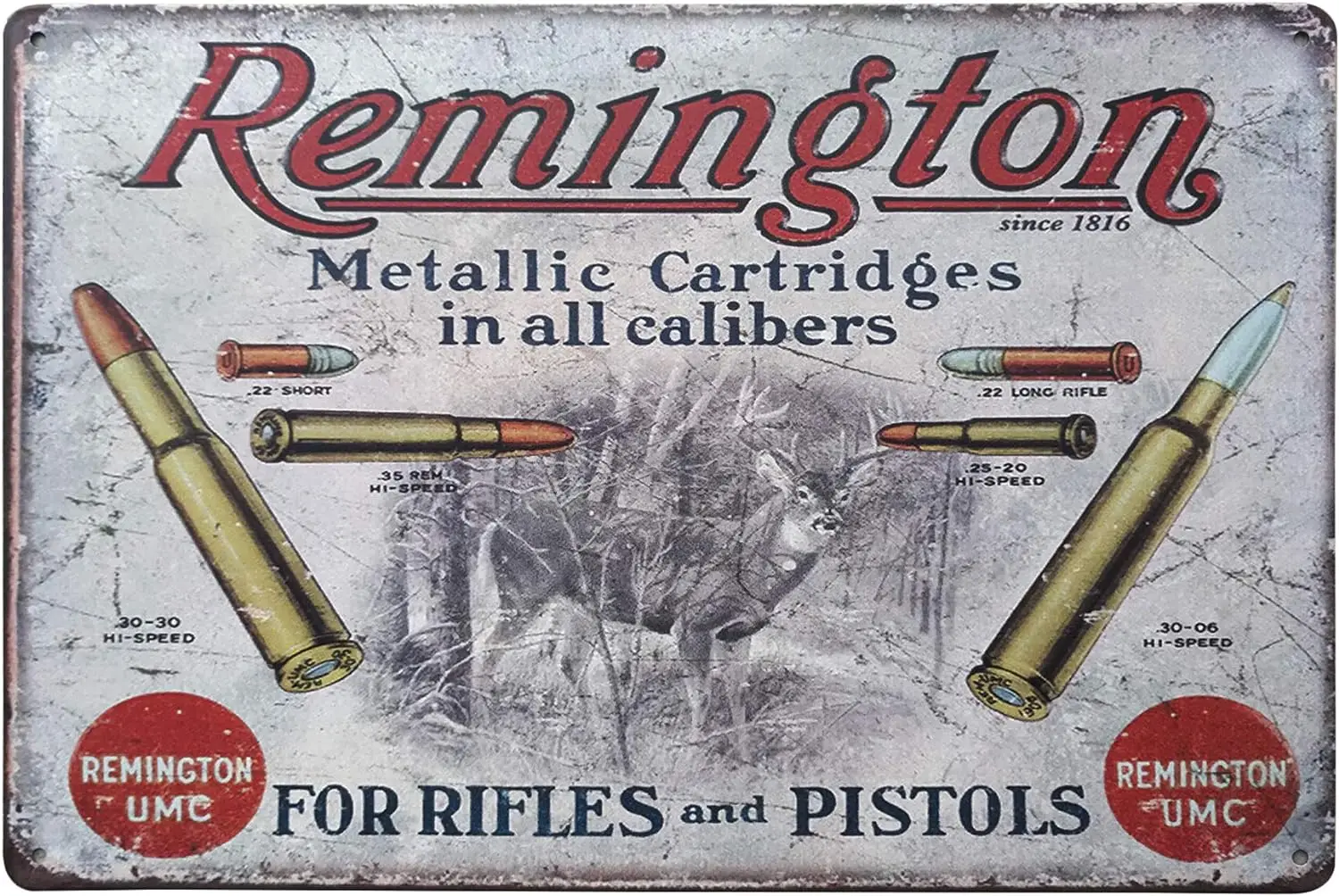 FSTIKO Remington Rifle Pistol Gun Bullet Tin Logo Vintage Metal Bar Logo Home Decor Men's Cave Garage Wall decor 20.32 x 30.48 c