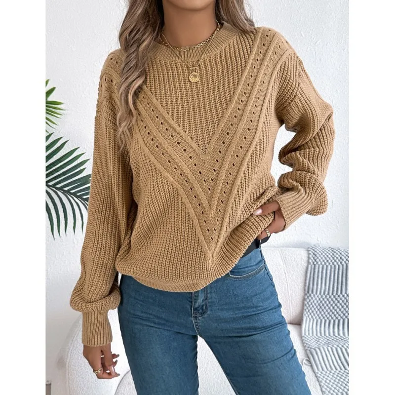 Casual Solid Color Women's Sweater Knitted Round Neck Pullover With V-shaped Hollow Lantern Sleeves Sweater Top Autumn New Style