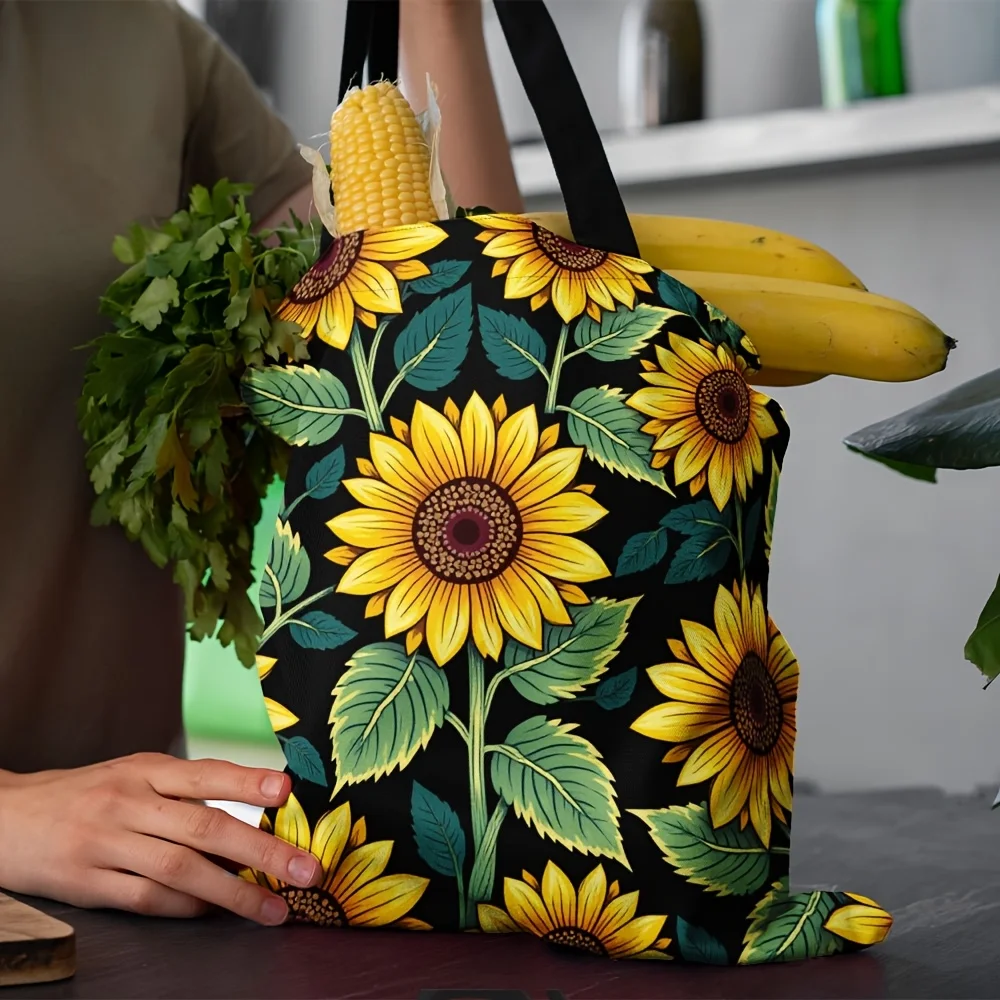 1pc Women' Music & Sunflower Tote Bag Stylish Musical Print & Sunflower Bookbag for Students Travelers Music Lovers Gift