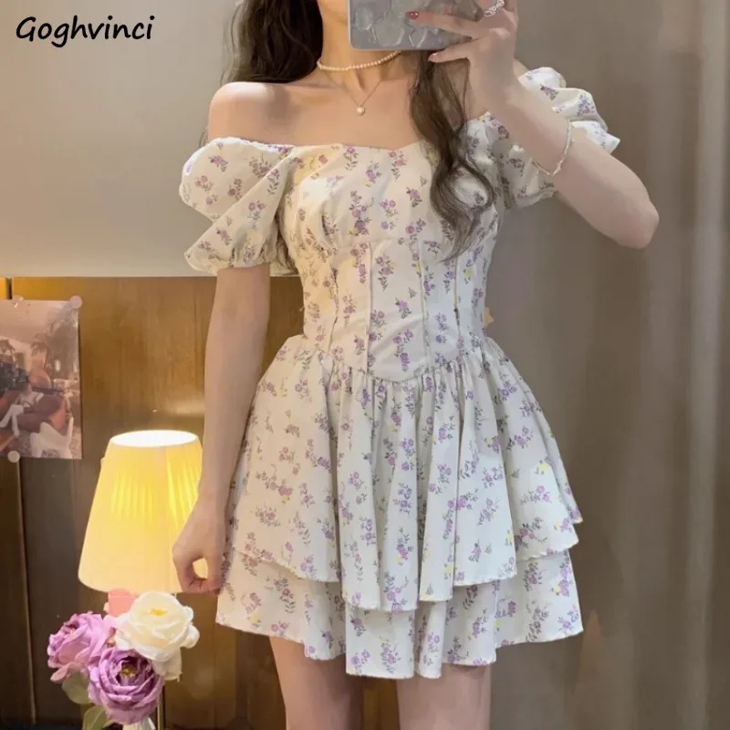 Dresses Women Gentle Floral Defined Waist Korean Fashion A-line Mini Chic Trendy Square Collar All-match Vestidos Summer Y2k