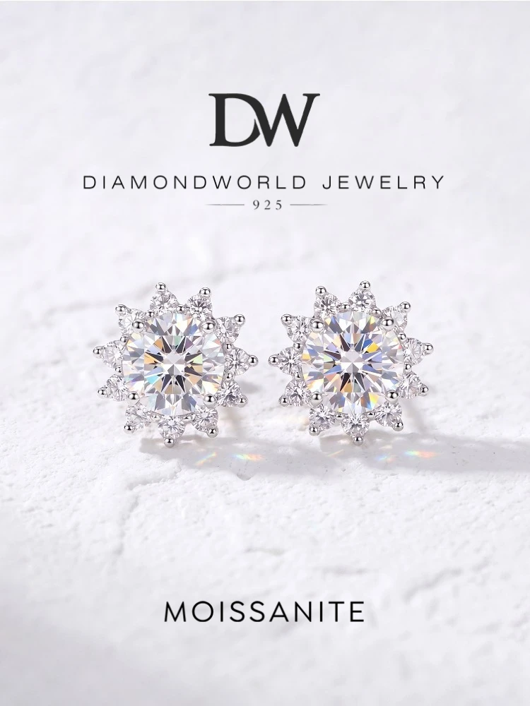 DiamondWorld Sparkling 0.5CT Moissanite Diamond Halo Sun Flower Stud Earrings for Women 925 Sterling Silver Party Fine Jewelry