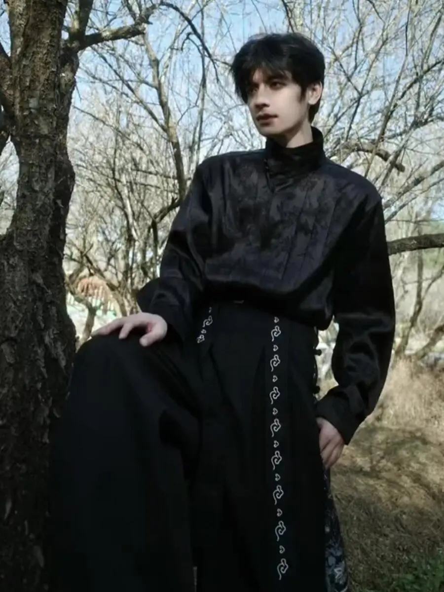 New Chinese Style Men's Satin Fabric Button up Shirt Trendy with  Face Skirt Long Sleeve Vintage Ice Silk Shirt