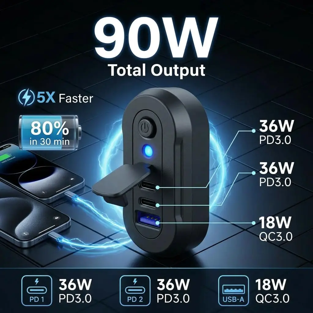 12V/24V USB Outlet Wall Mount 3 Fast Car Charging Port PD3.0 36W & QC3.0 18W Fast Charging with Blue Indicator for Boat Bus RV