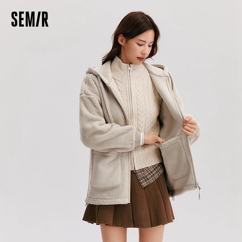 Semir Coat Women Imitation Lamb Wool Polar Fleece Double-Sided Wear Loose 2024 New Winter Contrast Color Simple Hooded Jacket