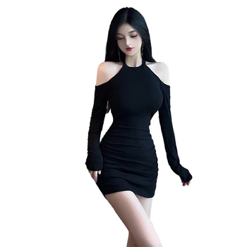 Image Women's Hanging Neck Strapless Long Sleeve Hip Dress Pure Color Short Bottom Dress Slim Pullover Dresses