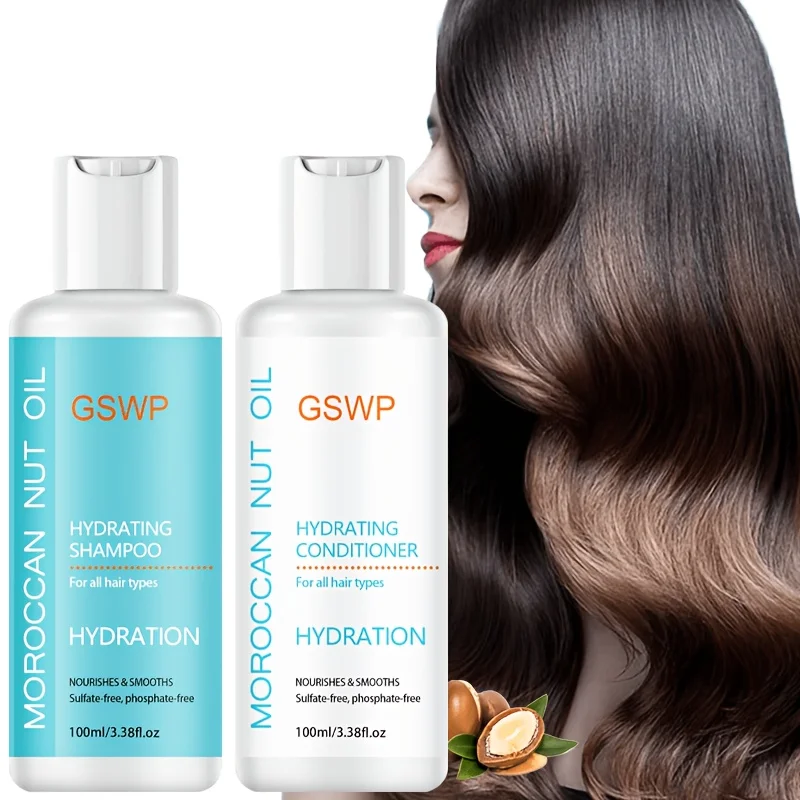 Set de Champú y Acondicionador con Aceite de Argán GSWP, Espuma Rica, Hidratación Profunda, Reduce el Frizz, Crea un Cabello Suave 100ml + 100ml