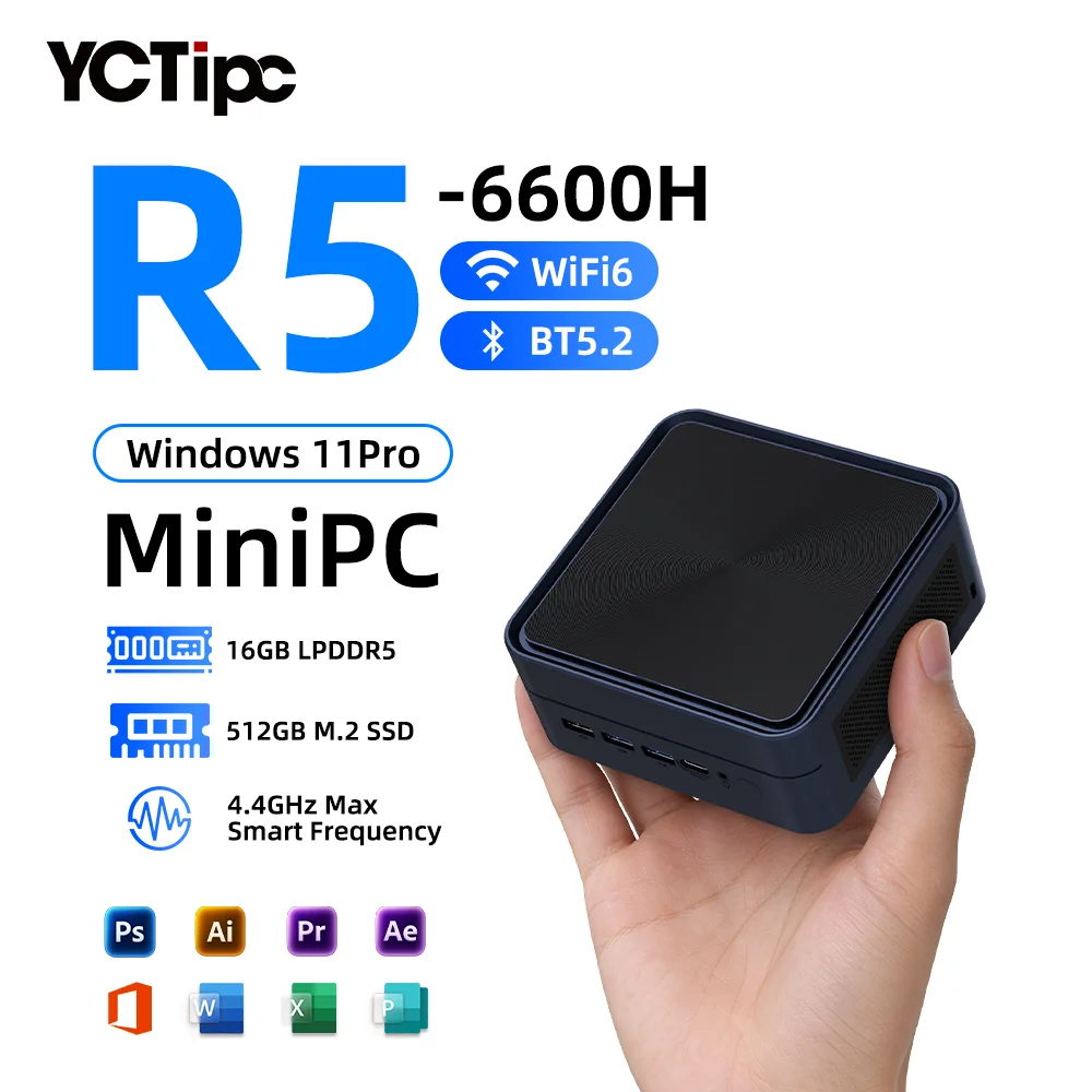 

YCTipc Mini PC AMD Ryzen 5 6600H 6600U16GB LPDDR5 512GB SSD Windows 11 WiFi 6 BT5.2 Compact Desktop Computer Network Port HDMI