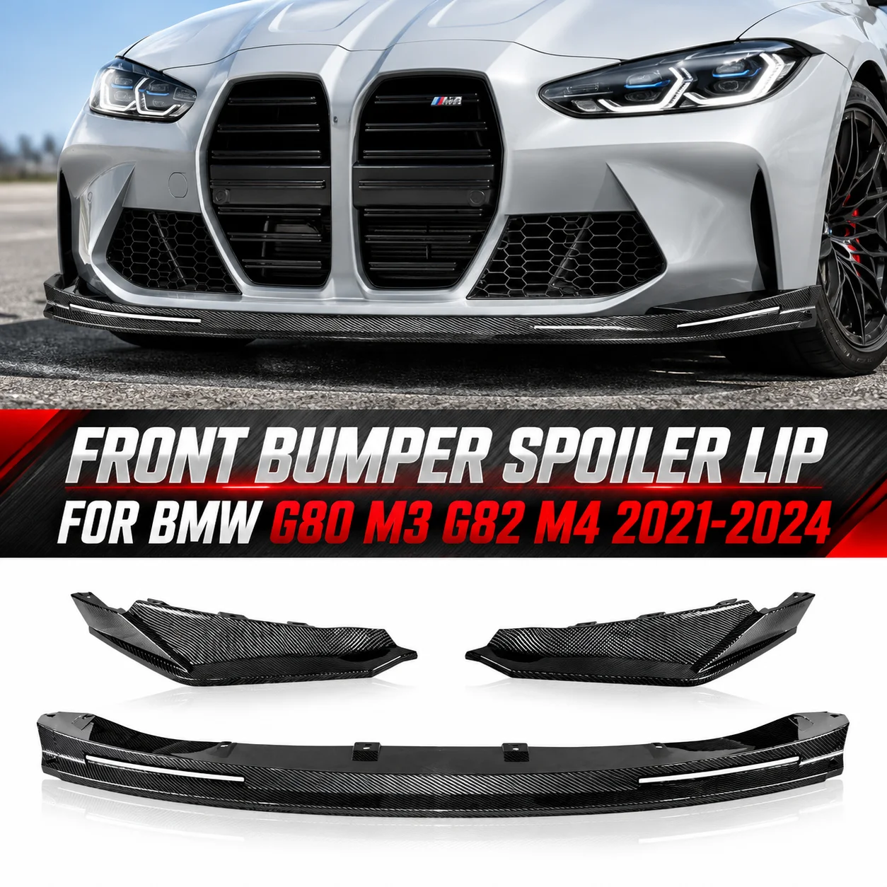3 PCS Front Bumper Lip Splitter Spoiler Diffuser For BMW G80 M3 G82 M4 2021-2024 V Style Guard Cover Kits Real Carbon Fiber Look Front Bumper Lip