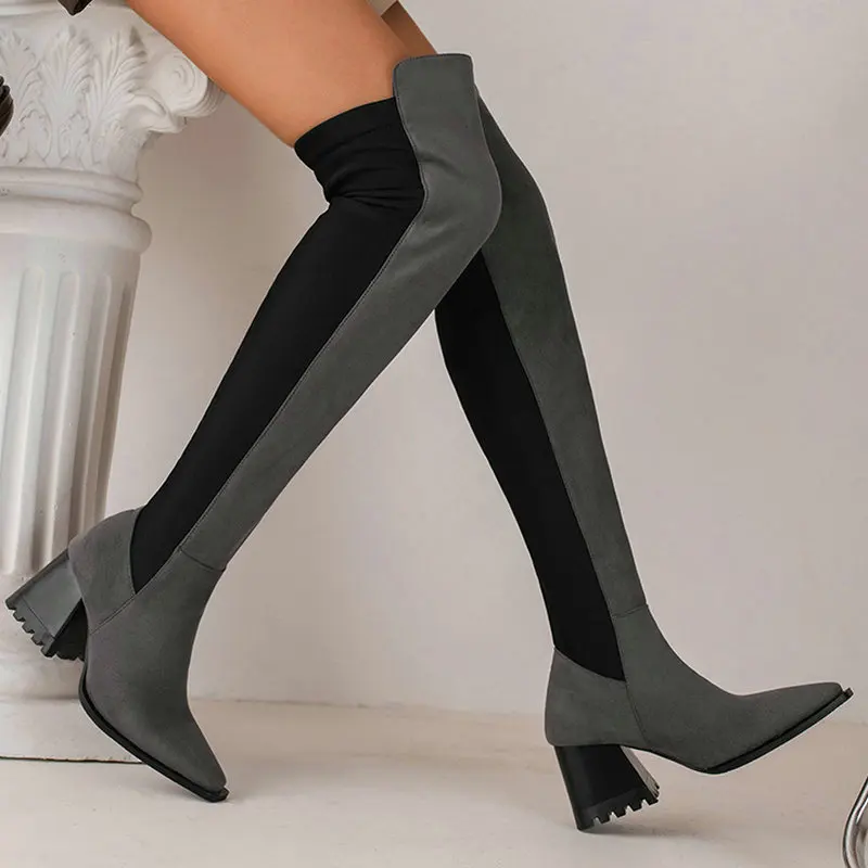 

2023 Women Over the Knee Boots Flock Thick High Heel Ladies Thigh Boots Fashion Square Toe Slip on Women Stretch Boots Big Size