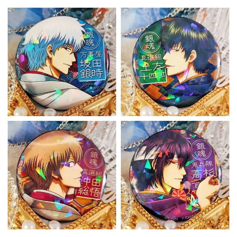 

GINTAMA Anime Figure Sakata Gintoki Hijikata Toshirou Metal Laser Badge Pins Character Okita Sougo Brooch Decor Toy Fans Gift