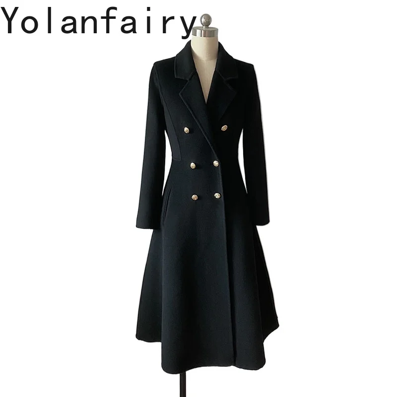YOLANFAIRY High Quality 75% Wool Coats for Woman Autumn Winter Elegant Cashmere Coat Mid-length Waisted Black Woolen Jacket 2026