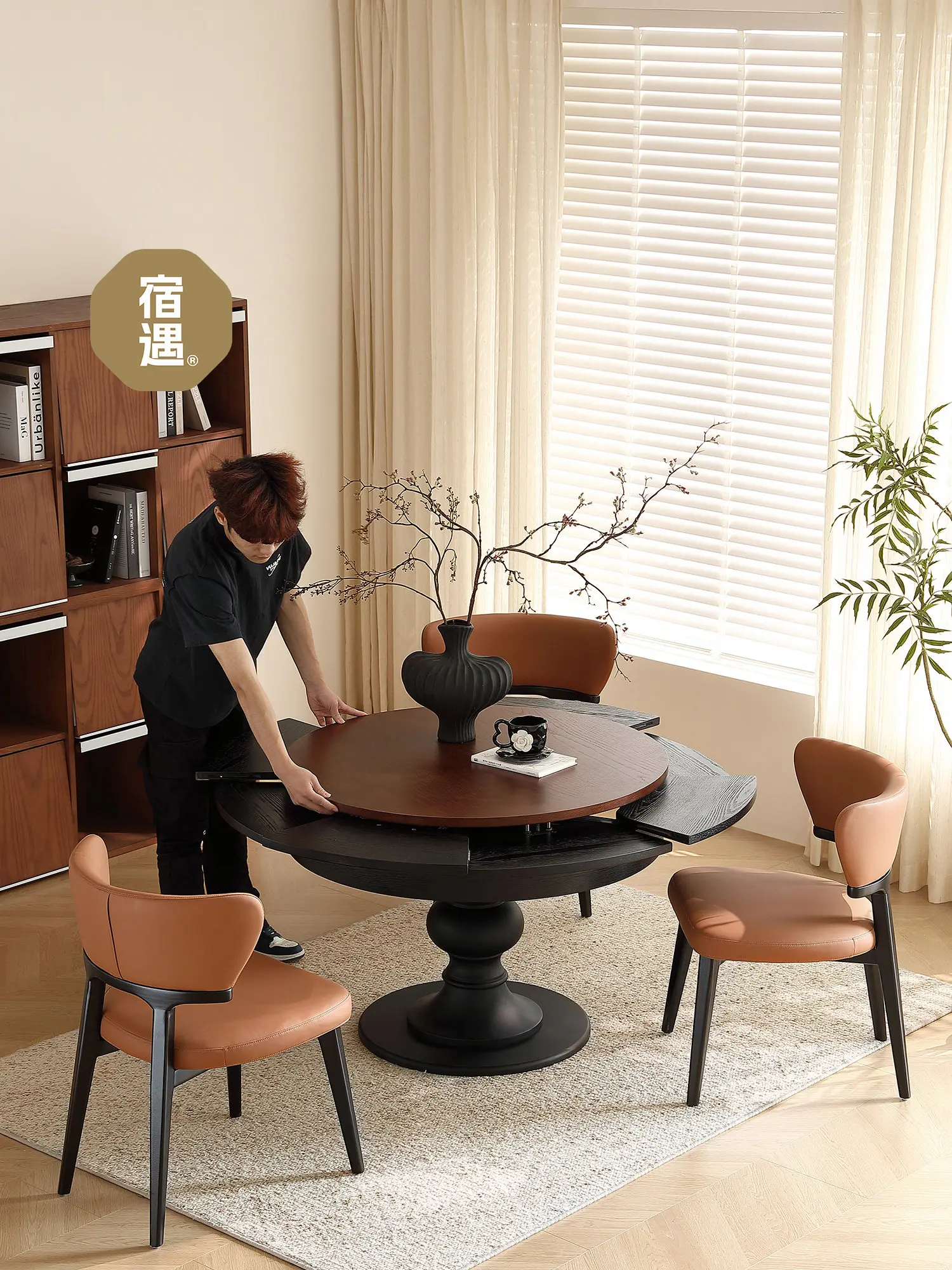 French retro rotating deformed solid wood round dining table with turntable retractable small apartment round table