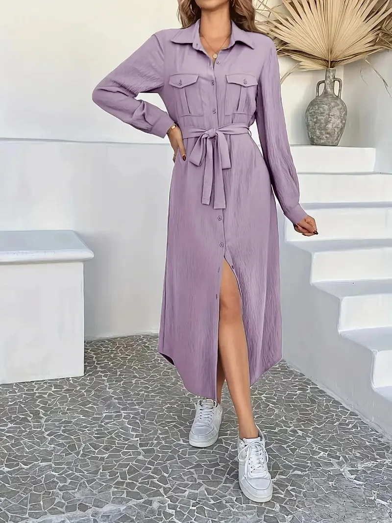 

Elegant Fashionable Solid-Color Shirt Lace-Up Waist-Cinching Dress for Women Autumn 2025 New Arrival