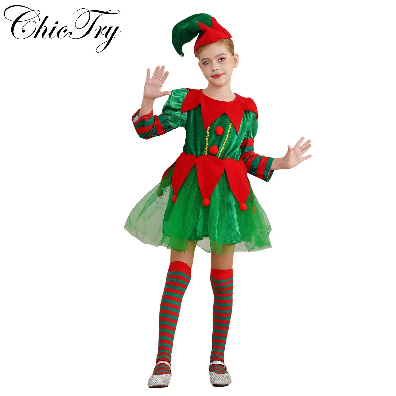 Robe de jeu de rôle en velours avec accessoires pour enfants, costume d'elfe de Noël pour filles, tenue de fête de paupières, père Noël, aide