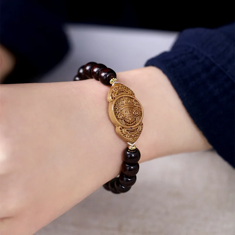 Natural Rosewood Carved Wooden Card Bracelet with Single Circle Buddha Beads Praying for Safety Health As A Gift for Elderly Men