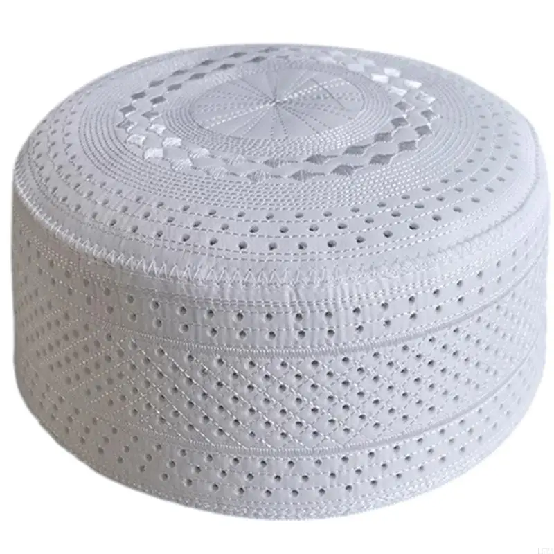 

L5YA Ethnic Prayer Hat Men Islamic Kufi Headwear Breathable Holes Embroidery Skull Turban Eid Pray Arabia Accessories