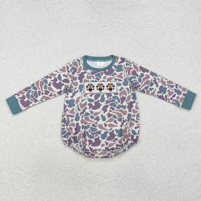 

8.19y Thanksgiving Baby Boys Camouflage Beige Green Long-Sleeved Romper Embroidery Turkey Boutique Onesie