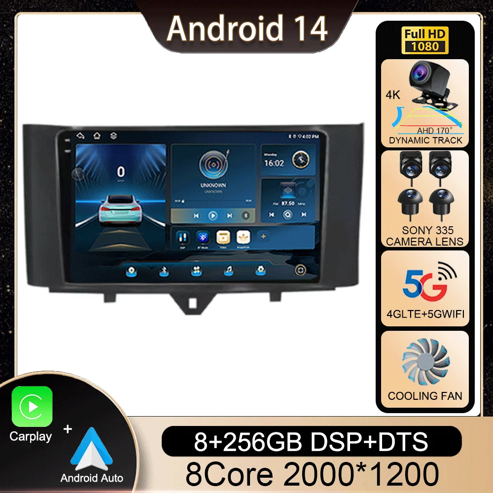 Android 14 Car Raido Stereo For Mercedes Benz Smart Fortwo 451 2010 - 2015 DSP Multimedia Video Player CarPlay Autoradio GPS 4G