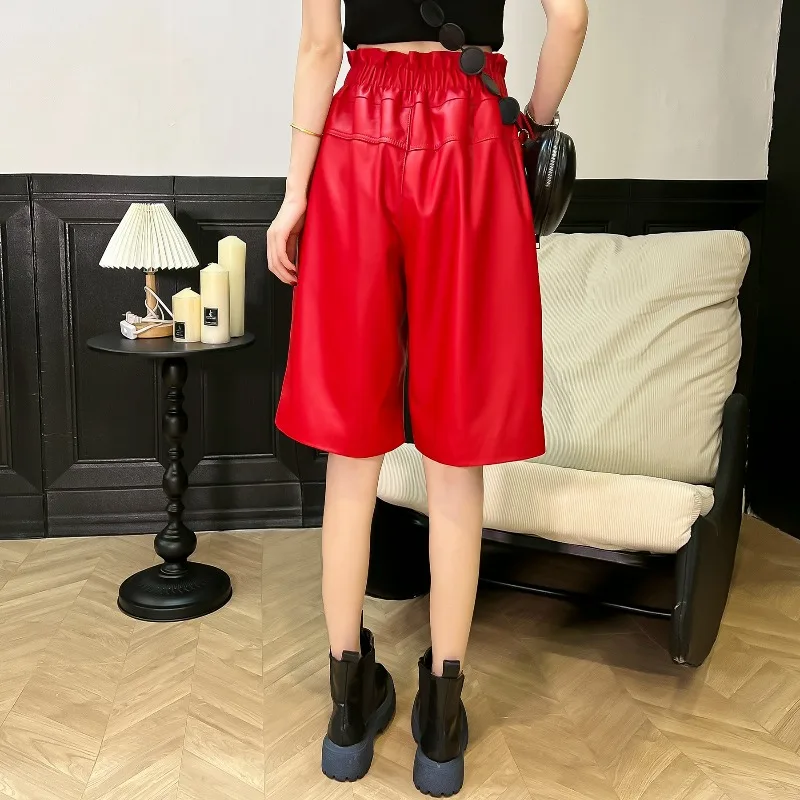 TAJIYANE Sheepskin Genuine Leather Shorts Woman Midi Shorts Wide Leg Bootyshorts Elastic Waist Baggy Shorts for Woman Clothes 바지