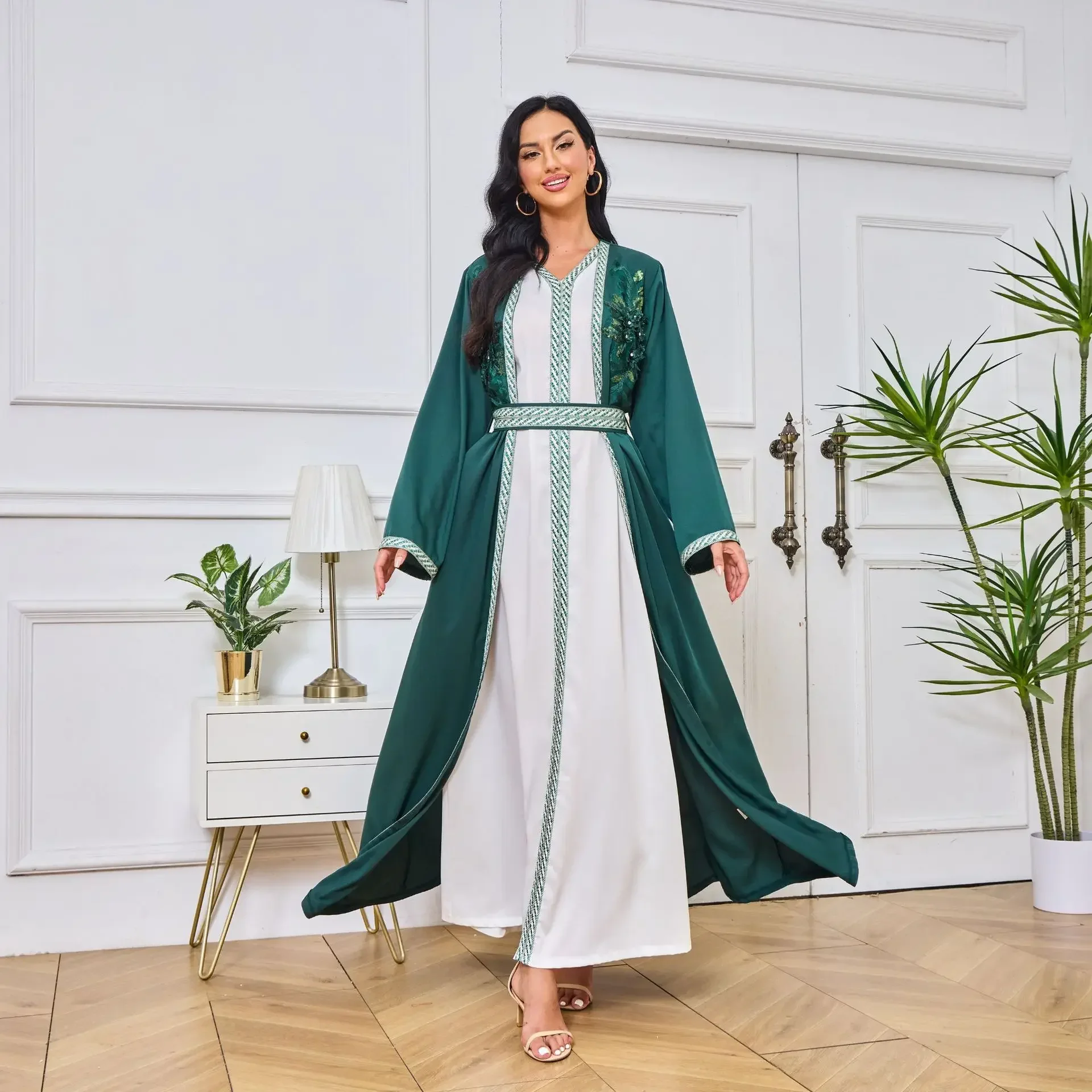 Muslim Set Embroidered Cardigan Two-piece Women Muslim Dress Morocco Maxi Dress Female Casual V-neck Dress for Women Vestidos