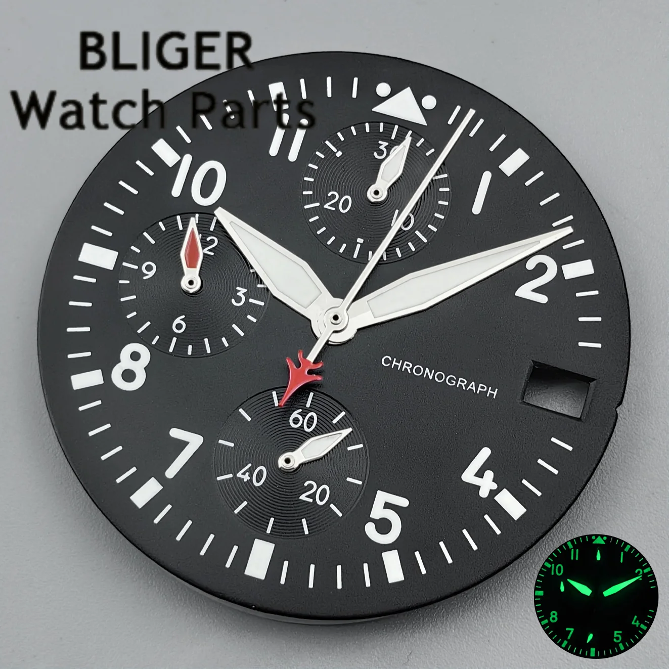 BLIGER 30mm White Watch Dial VK67 Pilot Dial+6 Hands Sets 3 O'clock Date Window Luminous Fit VK67 Men's Quartz Mod Watch Parts