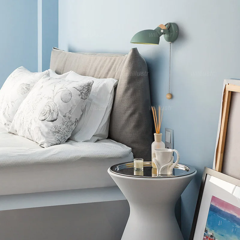 

Creative Metal Wood Wall Lamp Macaron Color Sconce Hotel Cafe Aisle Living Room Bedside Green Gray Pink Rotating Reading Light