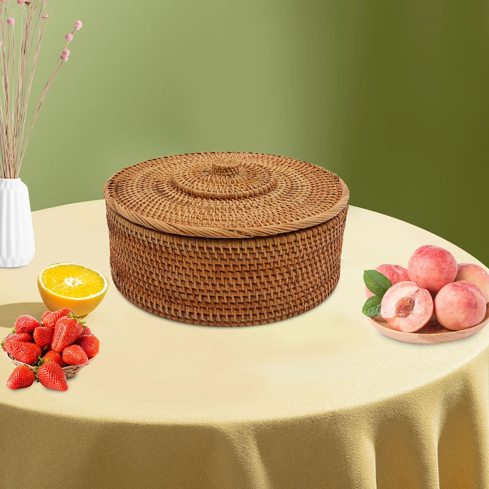Caja de Almacenamiento de Ratán, Cesta de Ratán Tejida a Mano con Tapa, Caja Portátil Hecha a Mano con Asa para Sala de Estar, Cocina