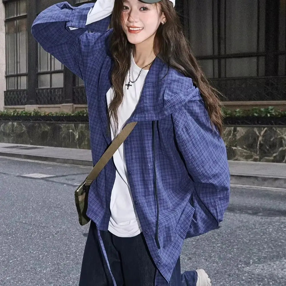 Women's Blue Hooded Long Sleeve Shirt Y2K Harajuku Streetwear Hip Hop 2000s Loose Retro College Top Shirt Clothing 2026 New
