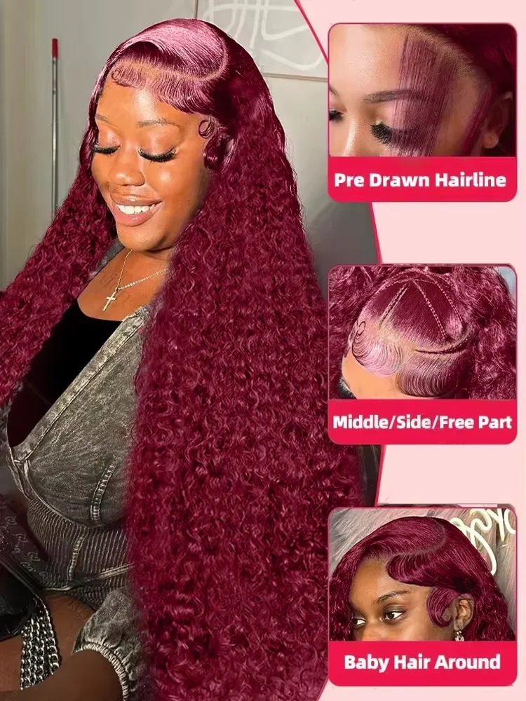 バーガンディ13x4 HDレースフロント人毛ウィッグ　ディープウェーブ　カール人毛ウィッグ　ウォーターウェーブ　カラー99jレッド　30インチレースフロントウィッグ