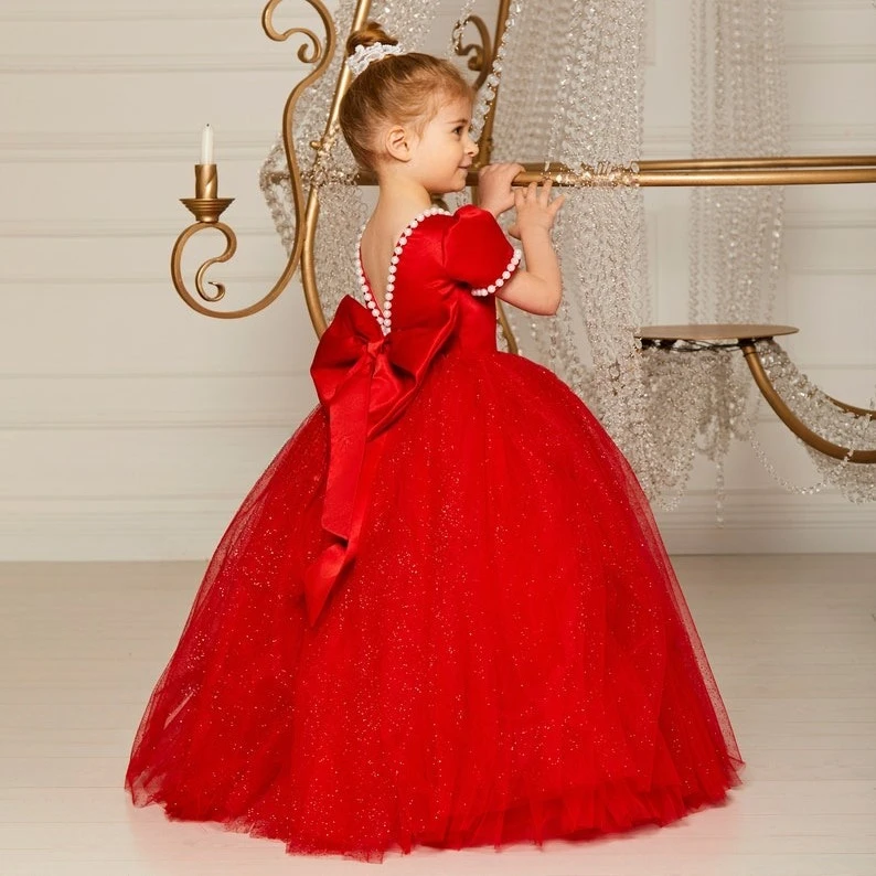 Tüll Blumenmädchenkleid Schleppe Tutu Rot Junior Brautjungfernkleid Langes Geburtstagsmädchenkleid Ballkleid Festzugskleider für Mädchen