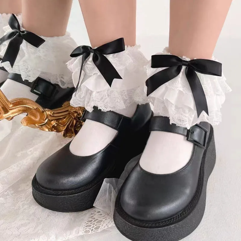 Lolita Lace Knee High Socks Fairy Maid Bow Knot Cotton Sweet Girls JK Stockings Princess Japanese Ruffles Long Socks