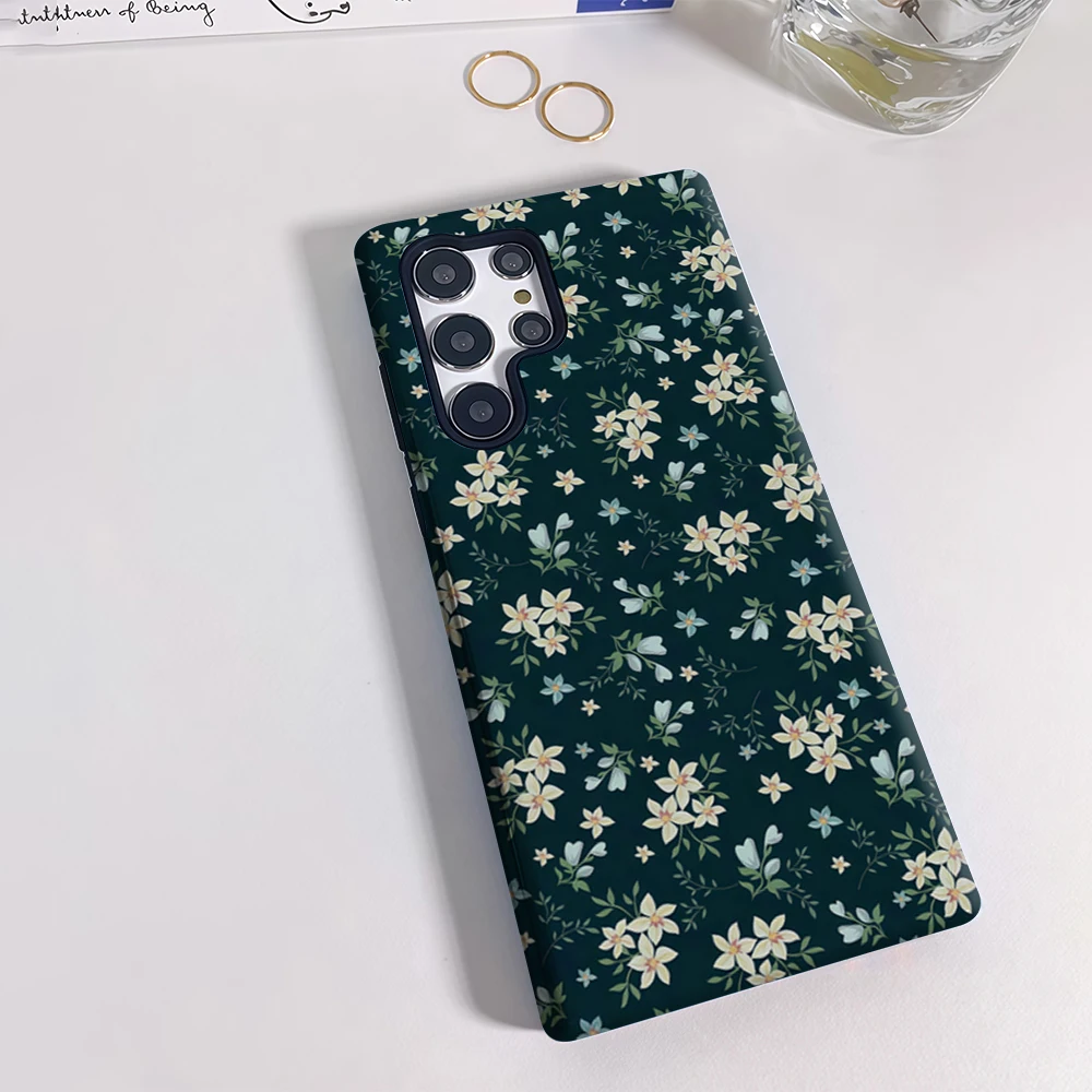 حافظة هاتف بأزهار باستيل خضراء لهاتف سامسونج جالاكسي S25 Ultra S24 S23 Ultra Plus غطاء خلفي بطبقة مزدوجة مقاوم للصدمات