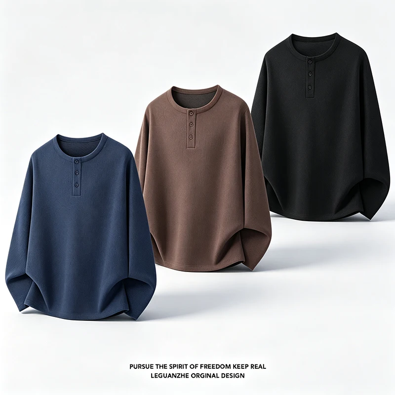 Herren-Langarmshirt mit Henley-Ausschnitt, Herbst-Übergrößen-Modell, lockere Passform, Strickoberteil, schlichtes Knopfleisten-Design, bequemes, lässiges Hemd für den Alltag – Detail 3