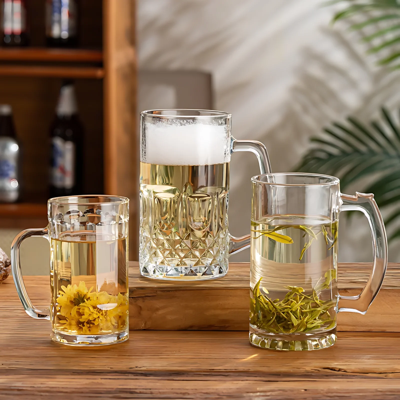 Durable Tempered Glass Beer Mug Large Capacity Thickened with Handle Home Use Water Cup Drop Resistant  Green Color