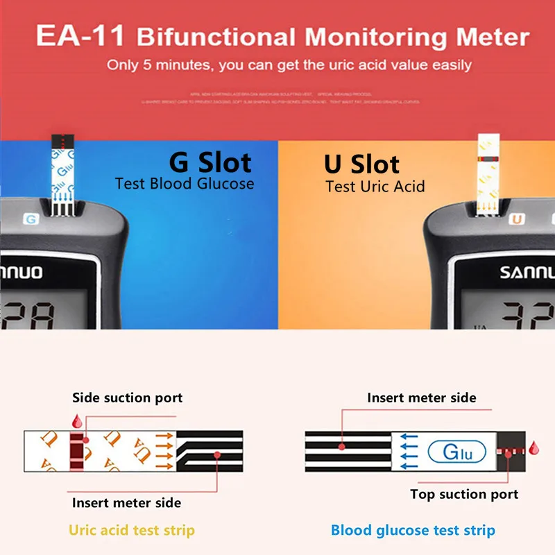 Sinocare EA-11 Uric Acid Blood Glucose Testing Meter Kit mmol/L Diabetes Tester Strips with Lancets Blood sugar Monitor