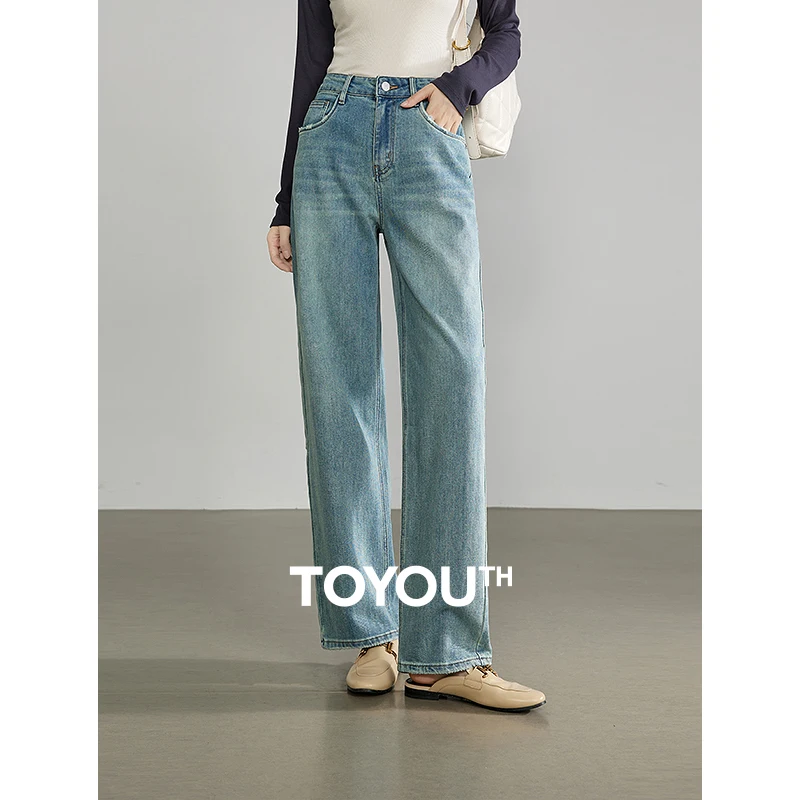 TOYOUTH Women Denim Jeans 2024 Autumn New Vintage Mid Length High Street Casual Long Pants