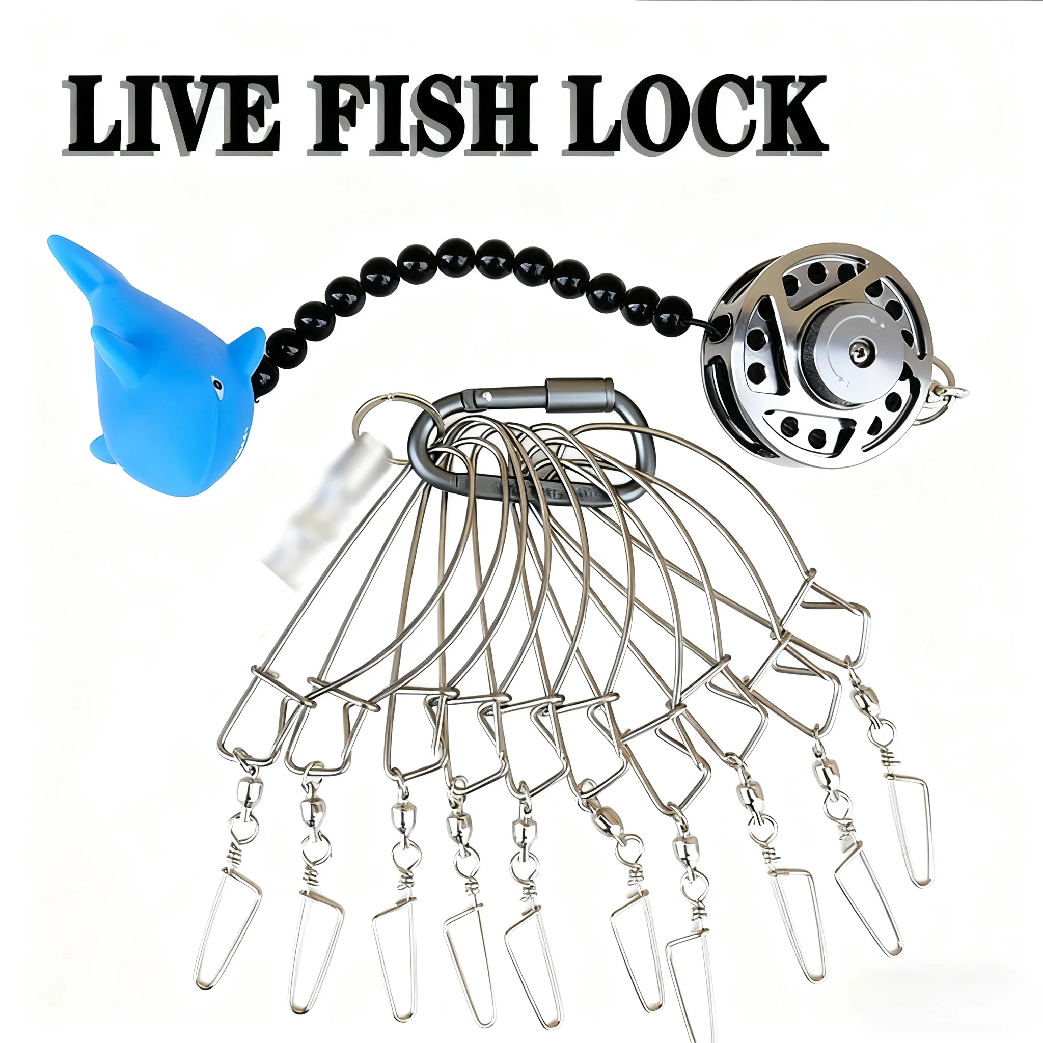 

10 Snaps Fish Stringer CNC Carving Fishing Reel Portable Fish Lock Stainless Steel Chain Float Live Fish Lock Belt Fishing Tools