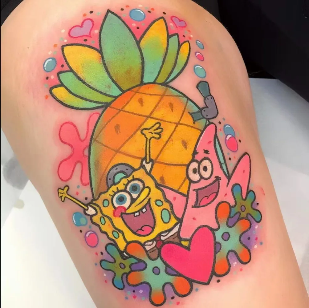 Cute Cartoon Pineapple SpongeBob & Patrick Waterproof Long-Lasting Flower Arm Tattoo Stickers - Perfect Gift