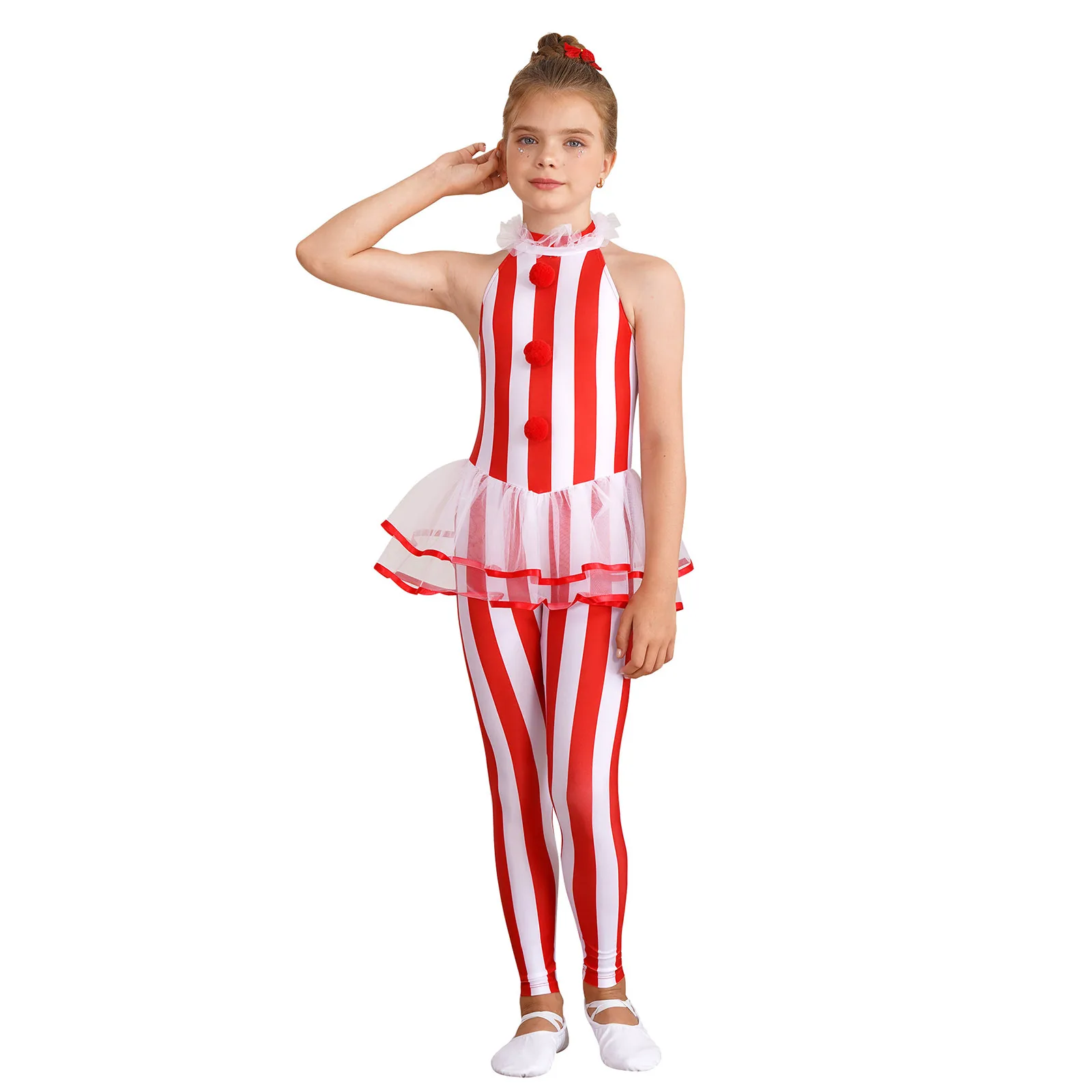 Teen Girls Christmas Striped Skirted Bodysuit Xmas Party Santa Claus Cosplay Performance Costume Ballet Dance Gymnastics Leotard