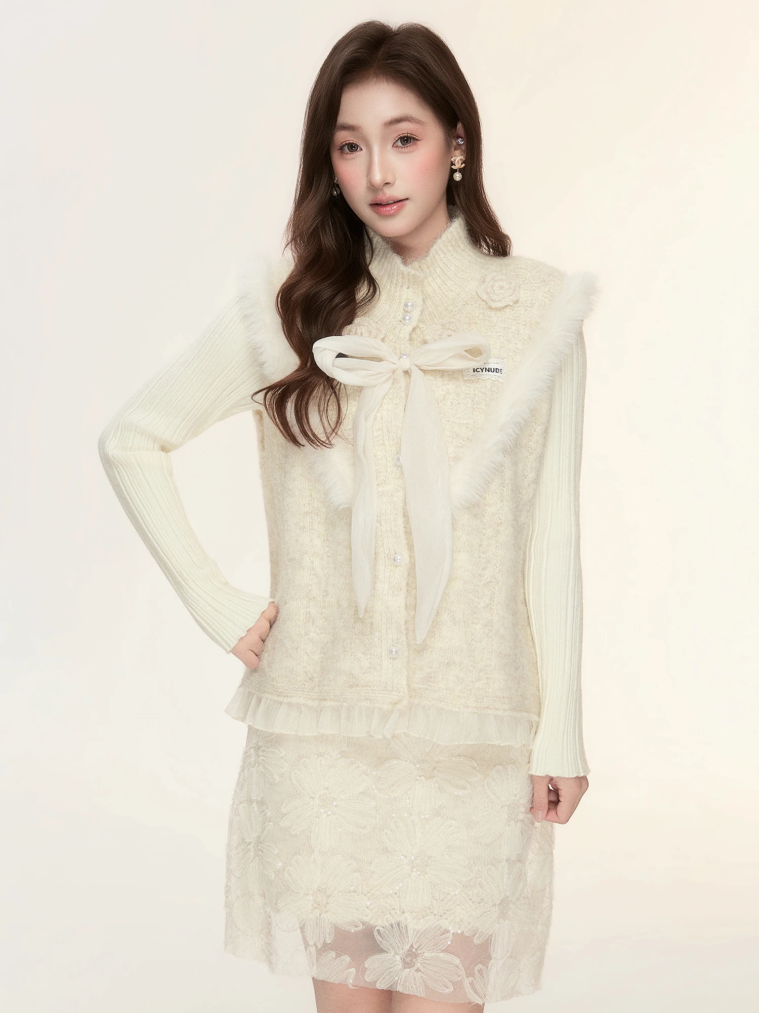 

IcyNude Store Knitted Vest Women's Faion Mosaic Decorative Flower Wool Blend Long Sve Cardigan Knot Spring Out...