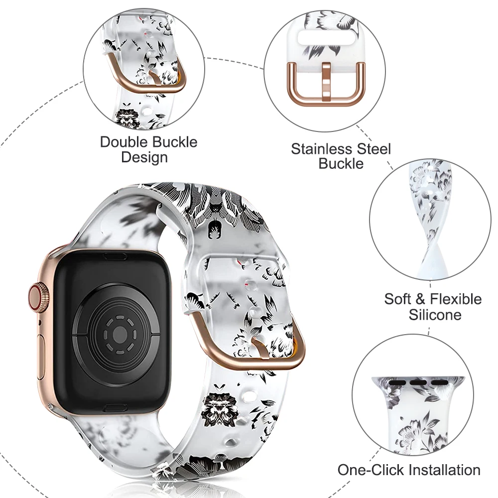 أحزمة شفافة لطيفة لأحزمة ساعات Apple 38 مم 40 مم 41 مم 42 مم 44 مم 45 مم ، حزام بديل رياضي من السيليكون الناعم لسلسلة iWatch Series 7/6/5/4/3/2 / SE