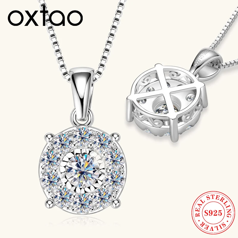 

OXTAO Top Quality 925 Sterling Silver Round Necklace 4.5mm&2.5mm Moissanite Diamond Pendant Necklaces Women's Party Jewelry Gift