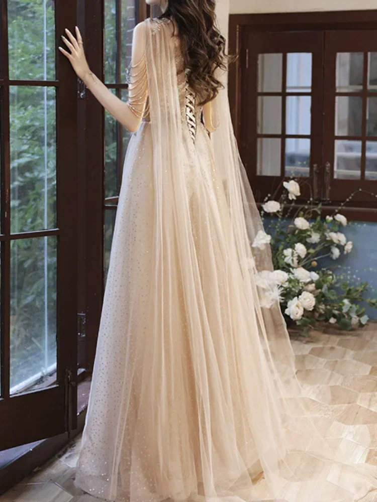 Gorgeous Gold Luxury Slim Evening Dress Strapless Slim Wedding Trailing 2023 New Tulle Floor Length Formal Banquet Gowns