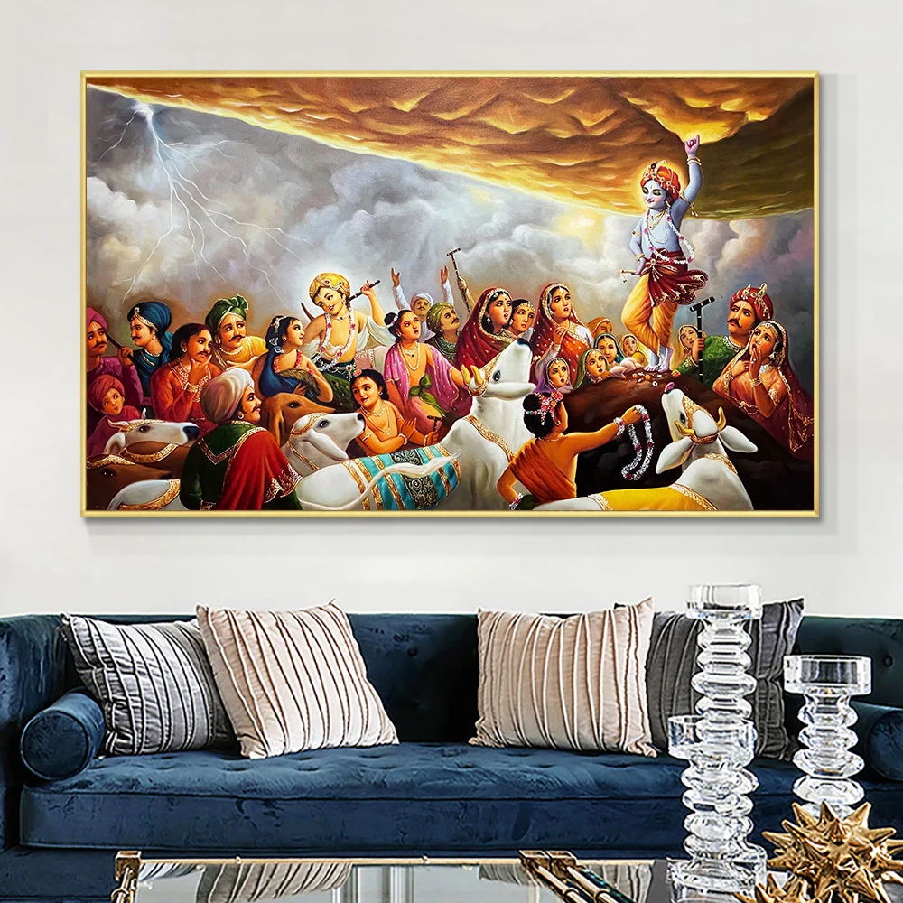 

Lifting Mount Govardhan Oil Painting Canvas Print Krishna Wall Mythology Art Retro Poster for Living Room Home Decor Cuadros