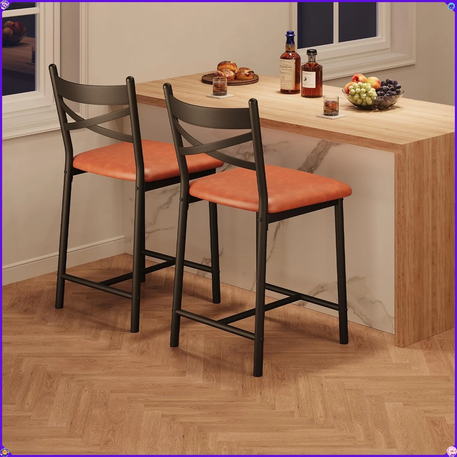 

Cozy 2-Pack Bar Stools - Padded Counter Stools with Back Support, Thick Seat for Kitchen Island, Breakfast Nook