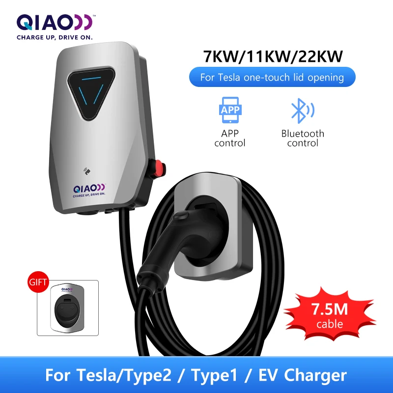 

QIAO Home Level 2 EV Charger 7.3KW 11KW 22KW 16A-32A 230V-400V 7.5 Meter WIFI Bluetooth APP RFID Card Charging Charging Station