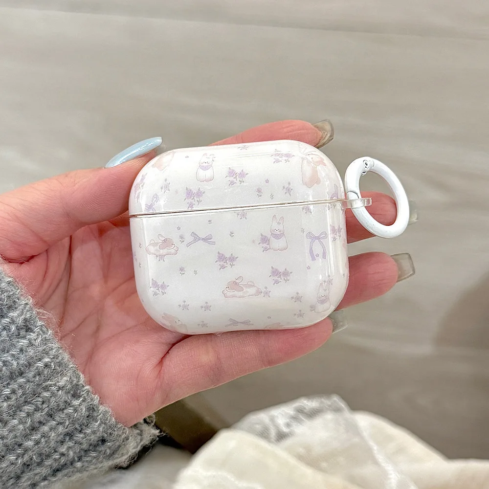 كارتون جميل الأرجواني Bowknot أرنب نمط مع المفاتيح لينة سيليكون للصدمات واقية ل AirPods 1 2 3 4 برو 2