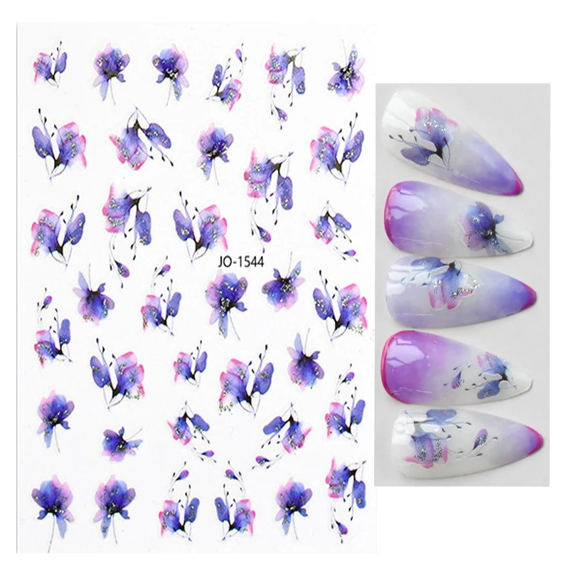 Purple 3D Nail Stickers Dark Watercolour Rose Petals Leaves Adhesive Sliders Nail Art Decoration For Nail Manicure Decals