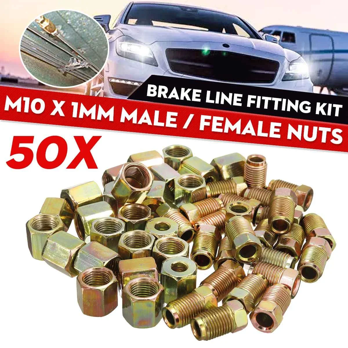 

50Pcs Male Female Copper Brake Pipe Line Fitting Kit M10 x 1mm Metric Screw Nuts For 3/16" Roll of Brake Line Tubing Tube